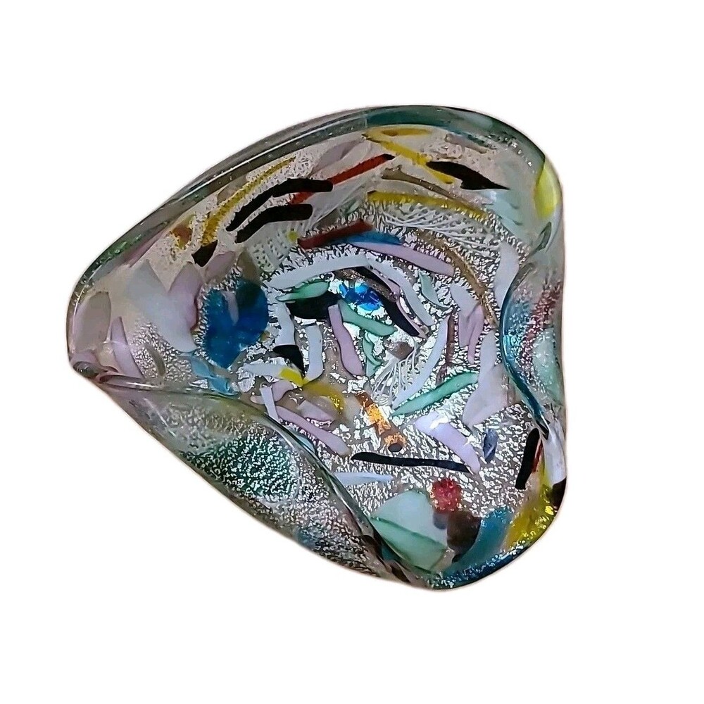 Vtg Murano Glass 8"x7" Silver Leaf Confetti Canes Ribbons Italy Trinket Bowl